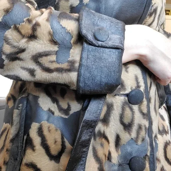 VTG 60s Small Faux Fur Leather Animal Print Leopard Statement Trench Jacket Coat - Picture 6 of 14